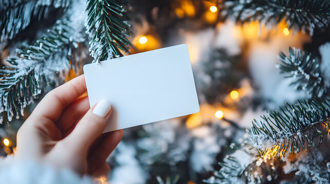 Elegant hand holding blank card near festive wintery pine branches with glowing lights for holiday greetings, invitations and heartfelt messages