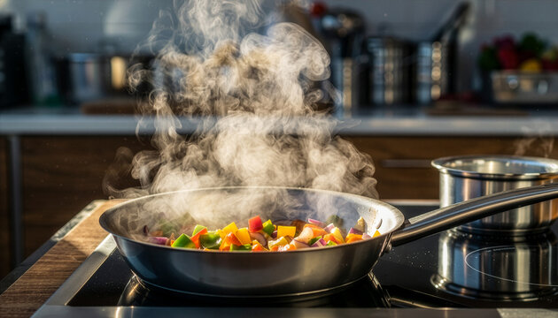 Stir-frying colorful diced vegetables in a steaming pan