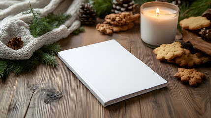 Blank white book on wooden table with candle and cookies evokes cozy winter reading, perfect for holiday promotions or seasonal content creation