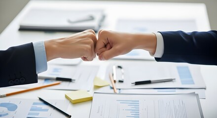 Two business colleagues celebrating a successful agreement or teamwork achievement with a fist bump over a desk with documents and financial charts. Partnership and success concept.