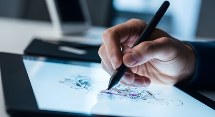 Close-up shot of a professional hand using a stylus to draw detailed artwork or schematics on a graphics tablet/pad. Focus on design, art, or engineering technology.