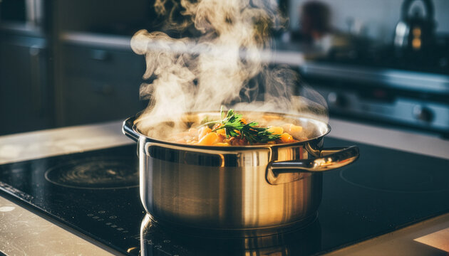 Steaming pot of homemade vegetable soup on the stove