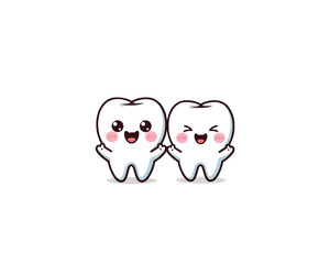Cute happy cartoon teeth holding hands on a white background