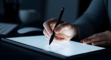 Close-up of a hand drawing or designing a blueprint/sketch on a digital tablet screen using a stylus pen in a dark environment. Focus on technology and creative work.