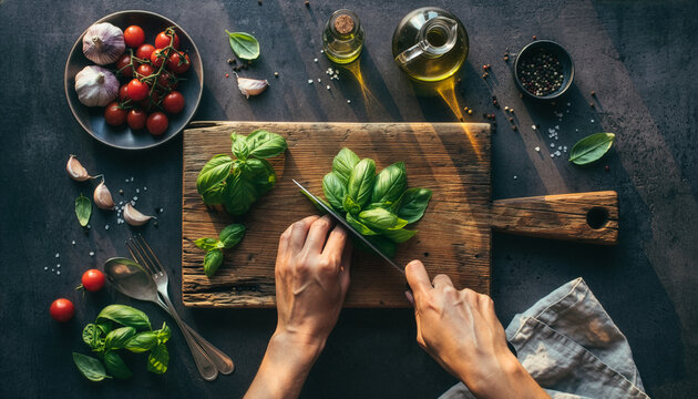 Top view of hands chopping fresh basil on a wooden board for healthy cooking