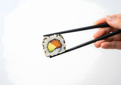 Hand holding black chopsticks with a fresh sushi roll featuring salmon, avocado, rice and sesame seeds on a clean white background, showcasing Japanese cuisine, minimal food concept and culinary 