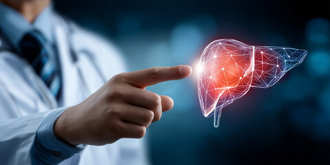 Doctor analyzing digital liver model with finger on dark background  