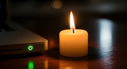 A lit candle emitting a warm glow on a dark surface next to a closed laptop with a green power button in a cozy indoor setting