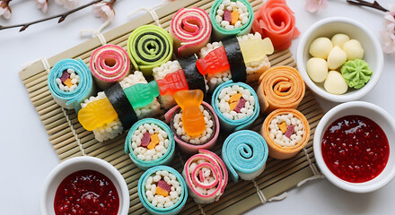 Dessert Sushi Platter with Rice Crispy Rolls, Fruit Wrap Nori and Colorful Candy Toppings on Bamboo Mat