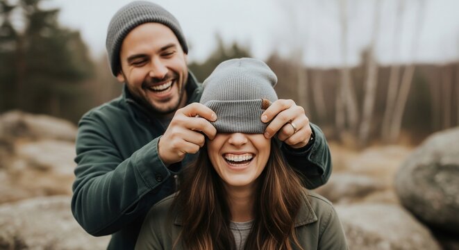 Joyful couple playing outdoors in winter.