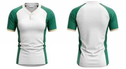 A blank white and green baseball jersey mockup with short raglan sleeves in front and back views