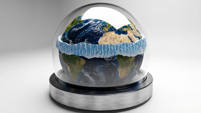 Flat Earth model with an ice wall around the edge, resembling a snow globe or display item, on a white background.