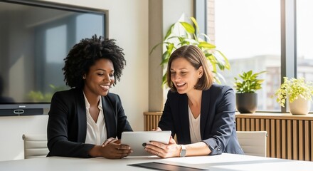 Professional women collaborate on tablet in office meeting.