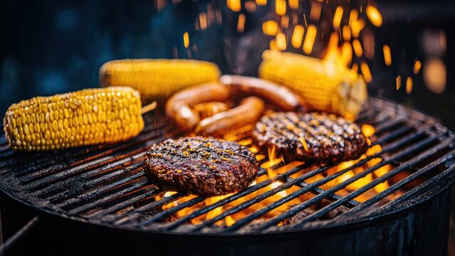 Barbecue Grill with Burgers and Corn on the Cob Sizzling Over Flames grilling food - Powered by Adobe