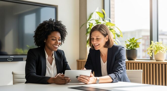 Professional women collaborate on tablet in office meeting.