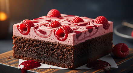 Luxurious Close-Up Raspberry Cheesecake Brownie with Marbled Swirl and Berry Coulis on Dark Wooden Board