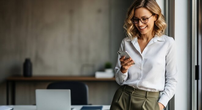 Smiling Businesswoman Using Smartphone in Modern Office. - Powered by Adobe