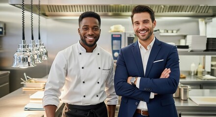 Two smiling men, a chef and a businessman, standing in a professional kitchen.