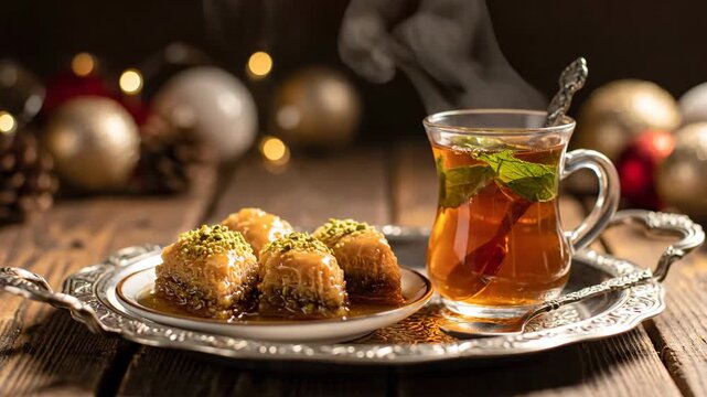 A close-up shot of a silver tray with baklava pastries and a glass of tea with mint leaves.