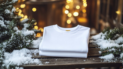 Elegant folded white tee shirt mockup with wintery festive decor, perfect for holiday promotions and apparel designs for Christmas and seasonal campaigns