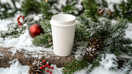 Cozy Christmas Coffee Mockup: Showcase your brand with a festive touch on a winter scene, perfect for holiday promotions and seasonal marketing campaigns