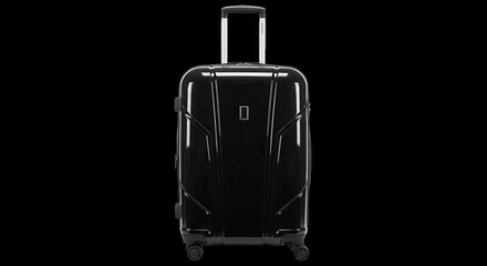Black glossy travel suitcase with wheels isolated on transparent background