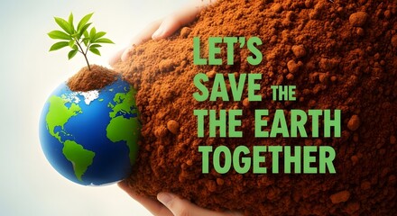 Hands holding soil with earth globe and a small plant, lets save the earth
