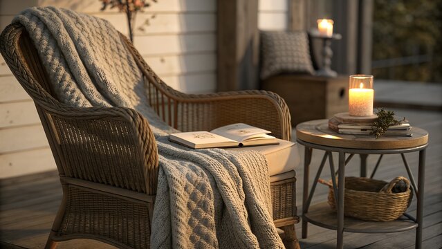 Cozy Reading Nook with Wicker Armchair and Candle Banner