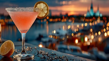 A pink cocktail with lemon garnish and sugar rim against a blurred cityscape at sunset backdrop view