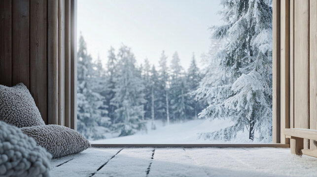 Cozy winter cabin retreat with snow-covered forest view, a tranquil escape to nature's beauty, perfect for relaxation and peaceful holiday vibes