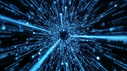 Abstract digital tunnel with blue light streaks converging into a central point, creating a sense of speed and depth. - Powered by Adobe