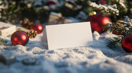 Create festive holiday memories with a blank card nestled amongst snow dusted pine, ornaments, and gifts, perfect for personalized messages
