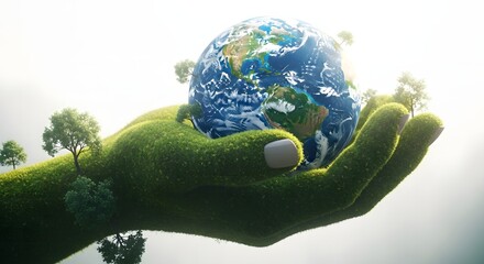 Hand holding the earth with trees growing on it, concept of saving the planet