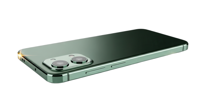 Dark Green Smartphone With Camera Lenses Displayed From A Back Angle Isolated On A Black Background With Studio Lighting And Subtle Reflections On The Edge