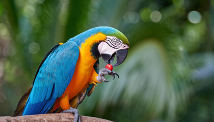 A close-up shot of a colorful Blue-and-yellow Macaw parrot perched on a branch, eating a small red fruit, with lush green foliage in the background