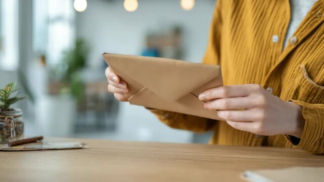 Woman in mustard shirt holding a brown envelope at a wooden table in a cozy modern interior. Natural daylight illuminates the scene, creating a warm and inviting atmosphere