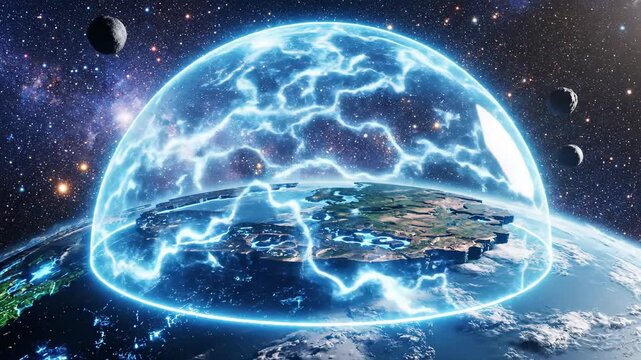 Dramatic flat Earth concept showing a disc-shaped planet with intricate ring structures, surrounded by other celestial bodies in a vast starry space.