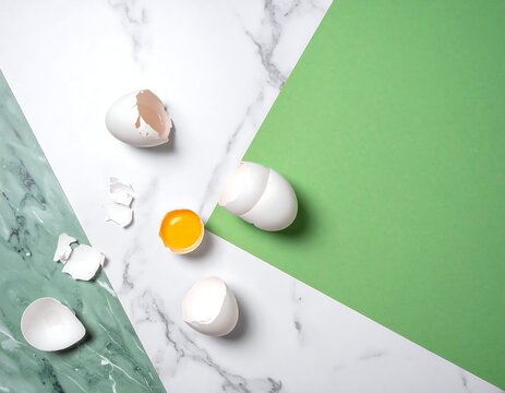 Overhead shot of cracked eggs on marble and green background - Powered by Adobe