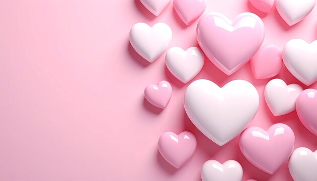 Pink and white glossy 3D hearts arranged on a pink background - Powered by Adobe