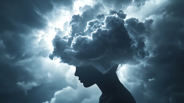 Woman with a cloud on her head representing mental health and depression