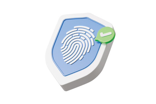 3d fingerprint shield with check mark icon. identity verification concept. Minimal cartoon security badge icon for cybersecurity app ui. isolated on white background. 3d render.