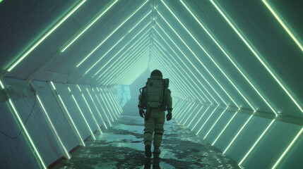 Astronaut walking through a neon green geometric tunnel