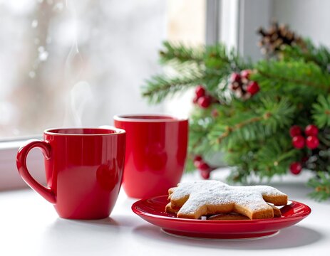 Cozy scene steaming mug, cookies, and holiday decor - Powered by Adobe