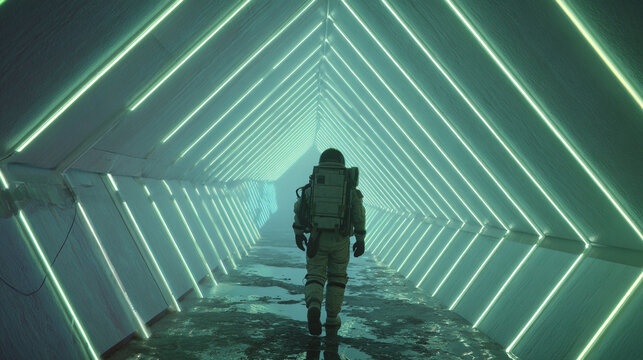 Astronaut walking through a neon green geometric tunnel - Powered by Adobe