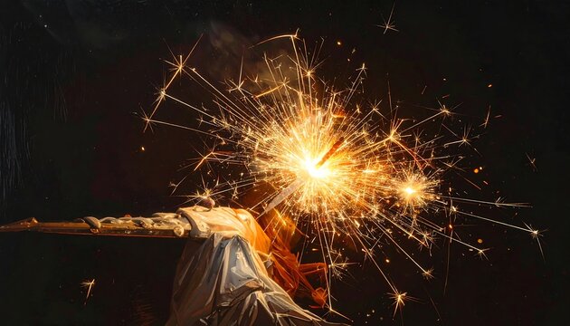 Close-up of a lit sparkler, emitting bright sparks against a dark background, celebrating light and festivity