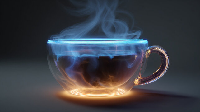 Steaming hot beverage in a glass cup with glowing blue and orange light