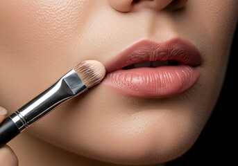 Applying lipstick with brush close up of lips and makeup process