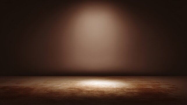 A dimly lit room with a spotlight illuminating the floor, a dramatic and moody atmosphere, blurred brown background