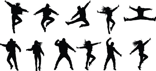 Jumping silhouettes, dynamic motion, expressive poses, dance leap, celebration jump, black vector icons, human movement, white background, energy action