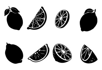 Lemon Silhouette Collection. Citrus Cut, Slice and Whole Fruit Vector Set. Hand Drawn.